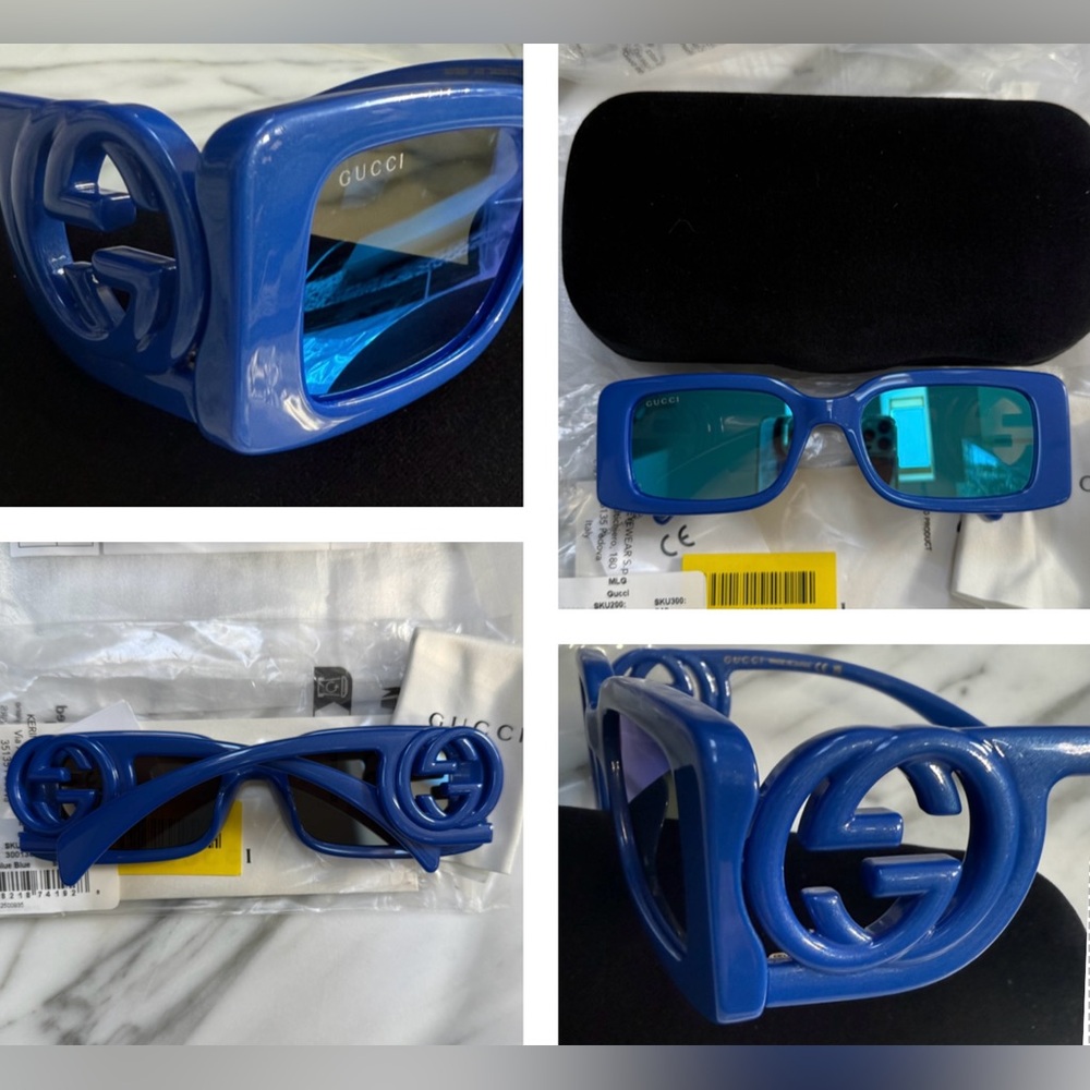 GUCCI SUNGLASSES STRIKING BLUE RECTANGULAR SUNGLASSES WITH BLUE MIRROR LENSES - Picture 8 of 16